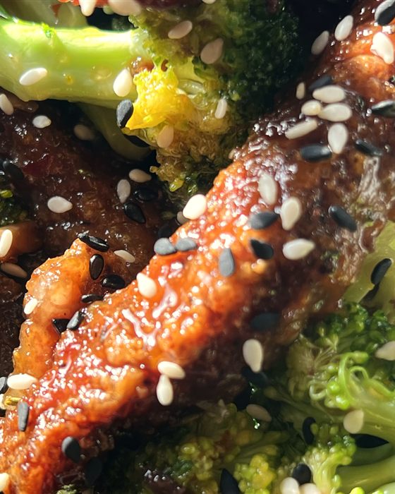 Mongolian beef and broccoli, close